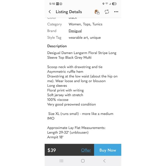 Desigual Damen Black Floral Stripe Tunic Top Sz Medium Asymmetric Hem - Picture 15 of 16